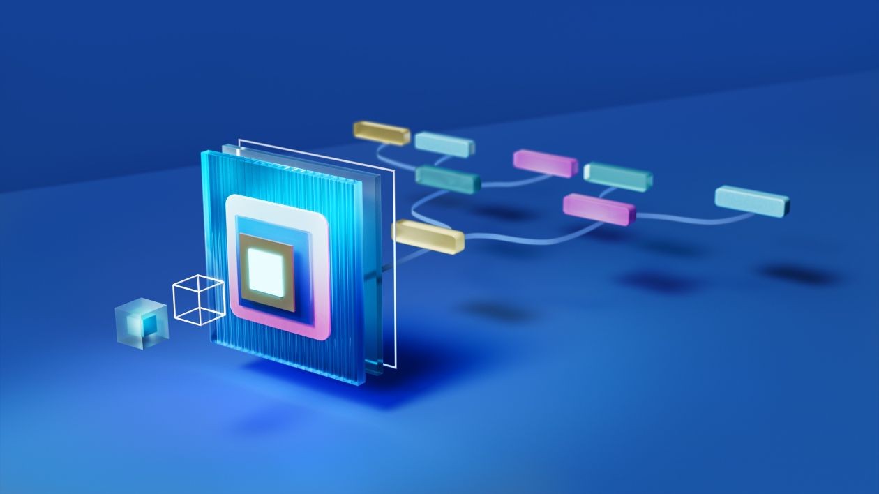 Abstract visualization of AI technology with interconnected, colorful data blocks