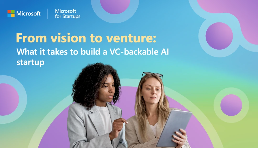 Two people looking at a tablet with vision to venture background