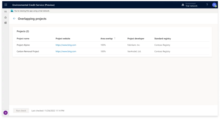 Desktop screen of projects checkpoint in Environmental Credit Service
